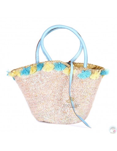 Panier en osier fleurs de laine et robe de paillettes avec grandes poignées en cuir bleu