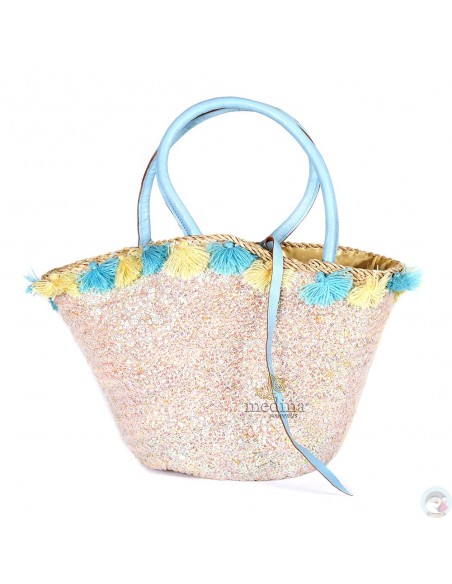 Panier en osier fleurs de laine et robe de paillettes avec grandes poignées en cuir bleu