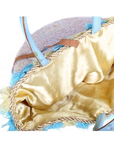 Panier en osier fleurs de laine et robe de paillettes avec grandes poignées en cuir bleu 2