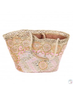 Panier marocain avec grandes poignées corde et cuir entièrement brodé