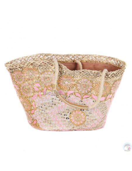 Panier marocain avec grandes poignées corde et cuir entièrement brodé