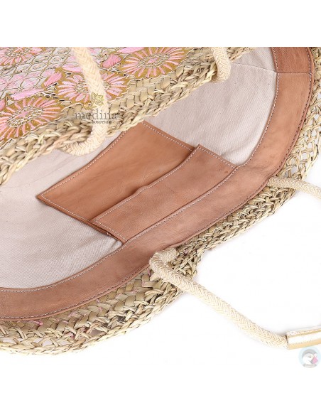 Panier marocain avec grandes poignées corde et cuir entièrement brodé