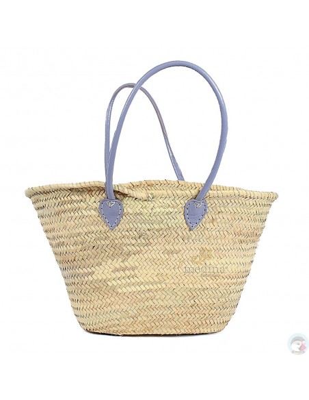 Panier marocain avec grandes poignées en cuir bleu ciel
