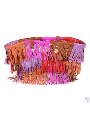 Panier marocain avec grandes poignées plates en cuir naturel et franges
