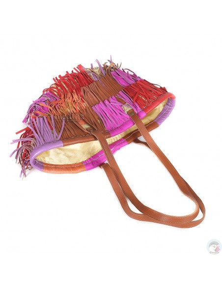Panier marocain avec grandes poignées plates en cuir naturel et franges