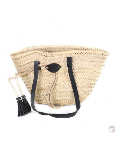 Panier marocain avec grandes poignées plates en cuir noir et fermeture originale