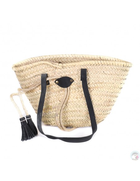 Panier marocain avec grandes poignées plates en cuir noir et fermeture originale