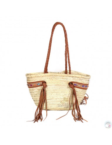 Panier marocain avec grandes poignées tressées en cuir marron
