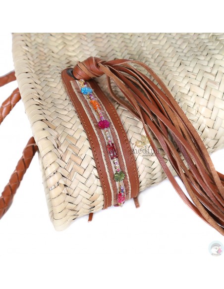 Panier marocain avec grandes poignées tressées en cuir marron