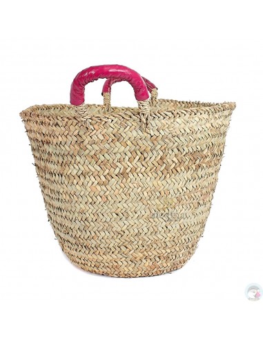 Panier marocain avec poignées en cuir fushia
