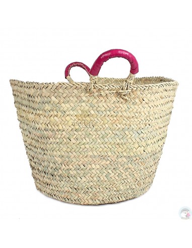 Panier marocain avec poignées en cuir fushia