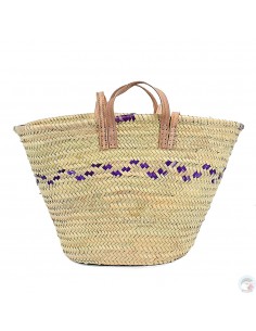 Panier marocain avec poignées en cuir naturel et liseret violet