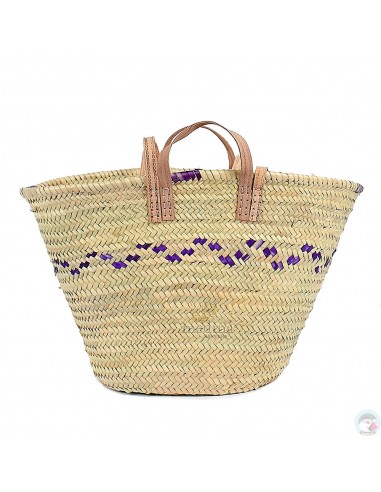 Panier marocain avec poignées en cuir naturel et liseret violet