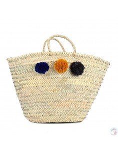 Panier marocain design avec poignées en corde tressée et pompons bleu, or et noir