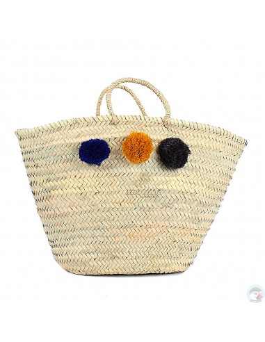 Panier marocain design avec poignées en corde tressée et pompons bleu, or et noir