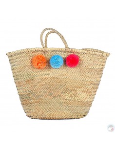 Panier marocain design avec poignées en corde tressée et pompons orange, turquoise et rouge