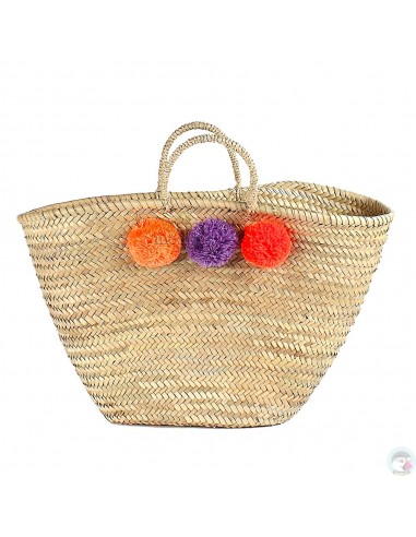 Panier marocain design avec poignées en corde tressée et pompons orange, violet et rouge