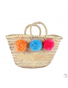 Panier marocain design avec poignées en corde tressée et pompons orange, bleu et rose
