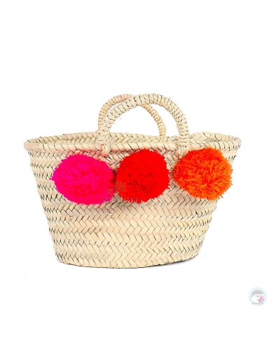 Panier marocain design avec poignées en corde tressée et pompons fuchsia, rouge et orange