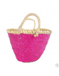 Panier marocain design avec poignées en corde tréssée et décoré de pailletes rose
