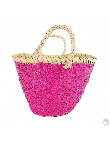 Panier marocain design avec poignées en corde tréssée et décoré de pailletes rose