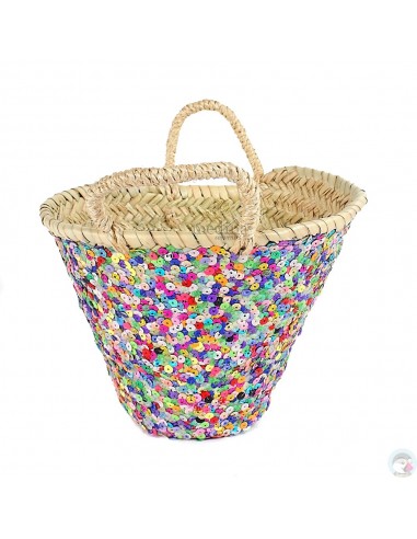 Panier marocain design avec poignées en corde tréssée décoré de paillettes multicolores