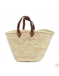 Panier marocain avec poignées en cuir tressé marron