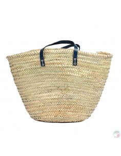 Panier marocain avec poignées plates en cuir bleu