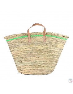 Panier marocain avec poignées plates en cuir naturel et liseret vert sur le flanc