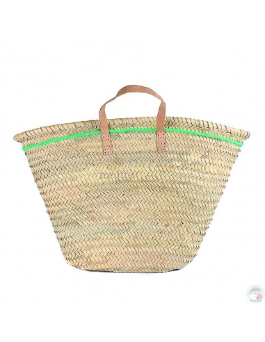Panier marocain avec poignées plates en cuir naturel et liseret vert sur le flanc