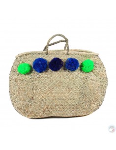 Panier marocain avec poignées fines en corde tressée et pompons vert, bleu et noir
