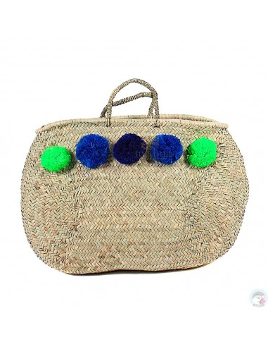 Panier marocain avec poignées fines en corde tressée et pompons vert, bleu et noir