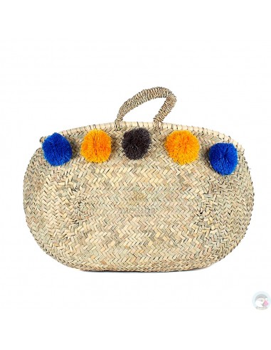Panier marocain avec poignées fines en corde tressée et pompons bleu, orange et noir