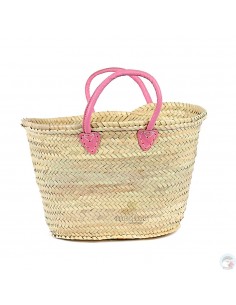 Panier marocain avec poignées en cuir rose